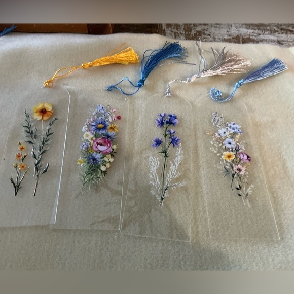 Other - Floral Transparent Bookmarks with Tassels, handmade set of 4